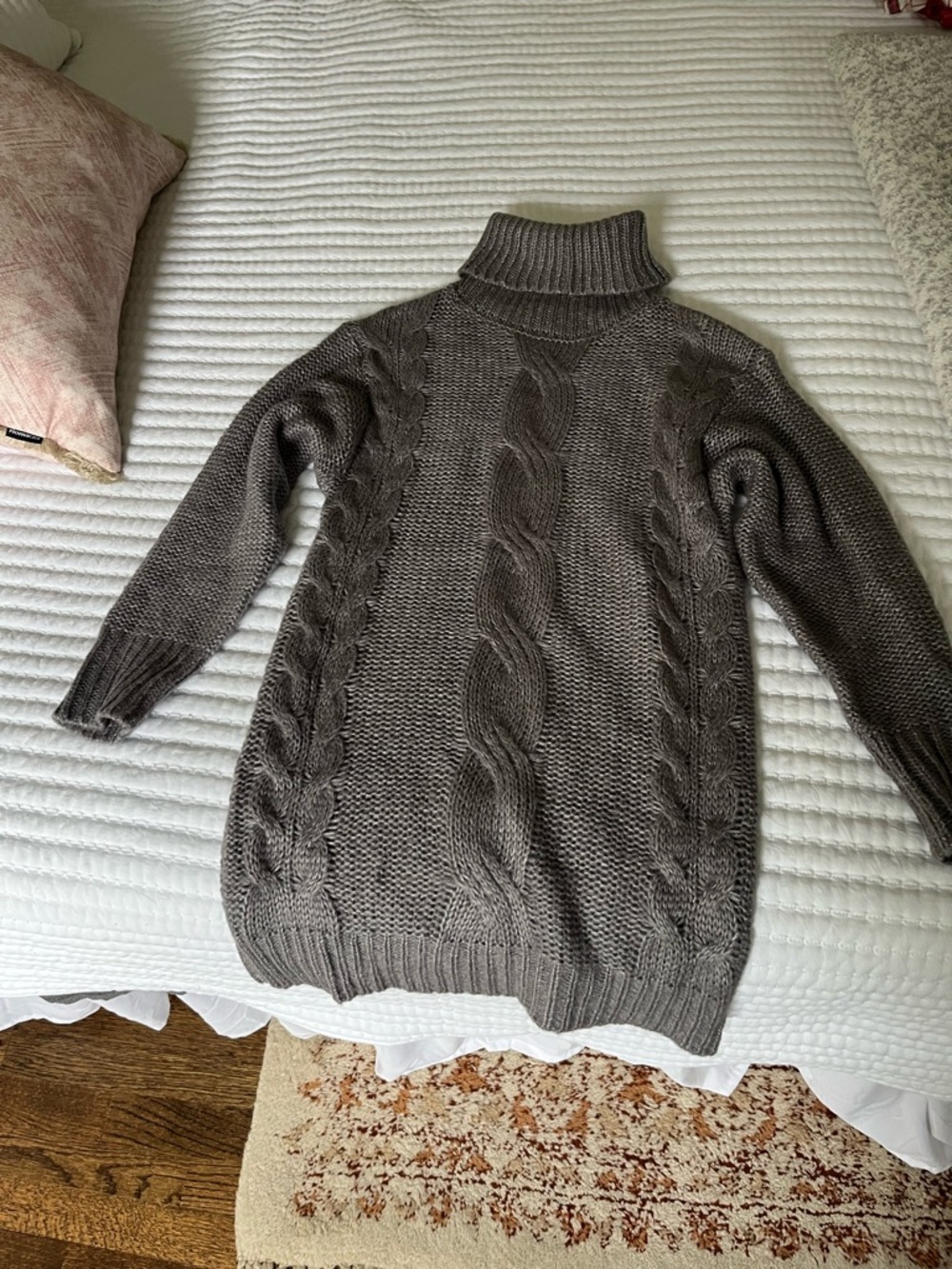 Turtleneck Cable Knit Sweater Dress - Gray